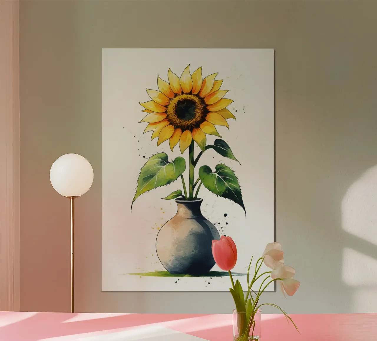 Pittura digitale minimalista di un girasole in un vaso alluminio dibond da Bloom And Brush