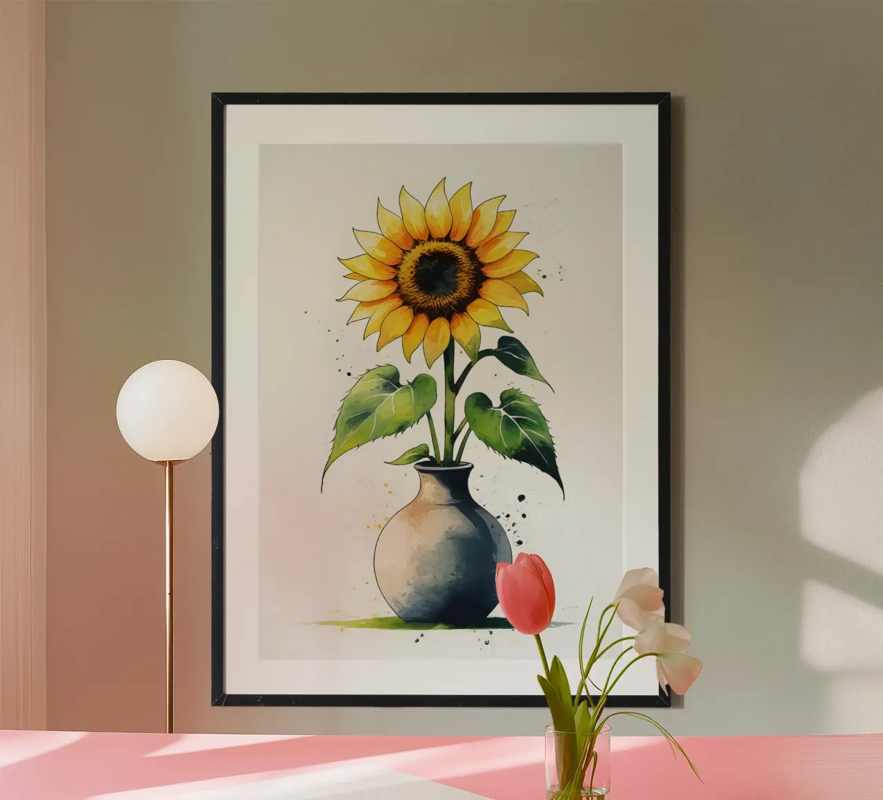 Pittura digitale minimalista di un girasole in un vaso carta hahnemühle da Bloom And Brush