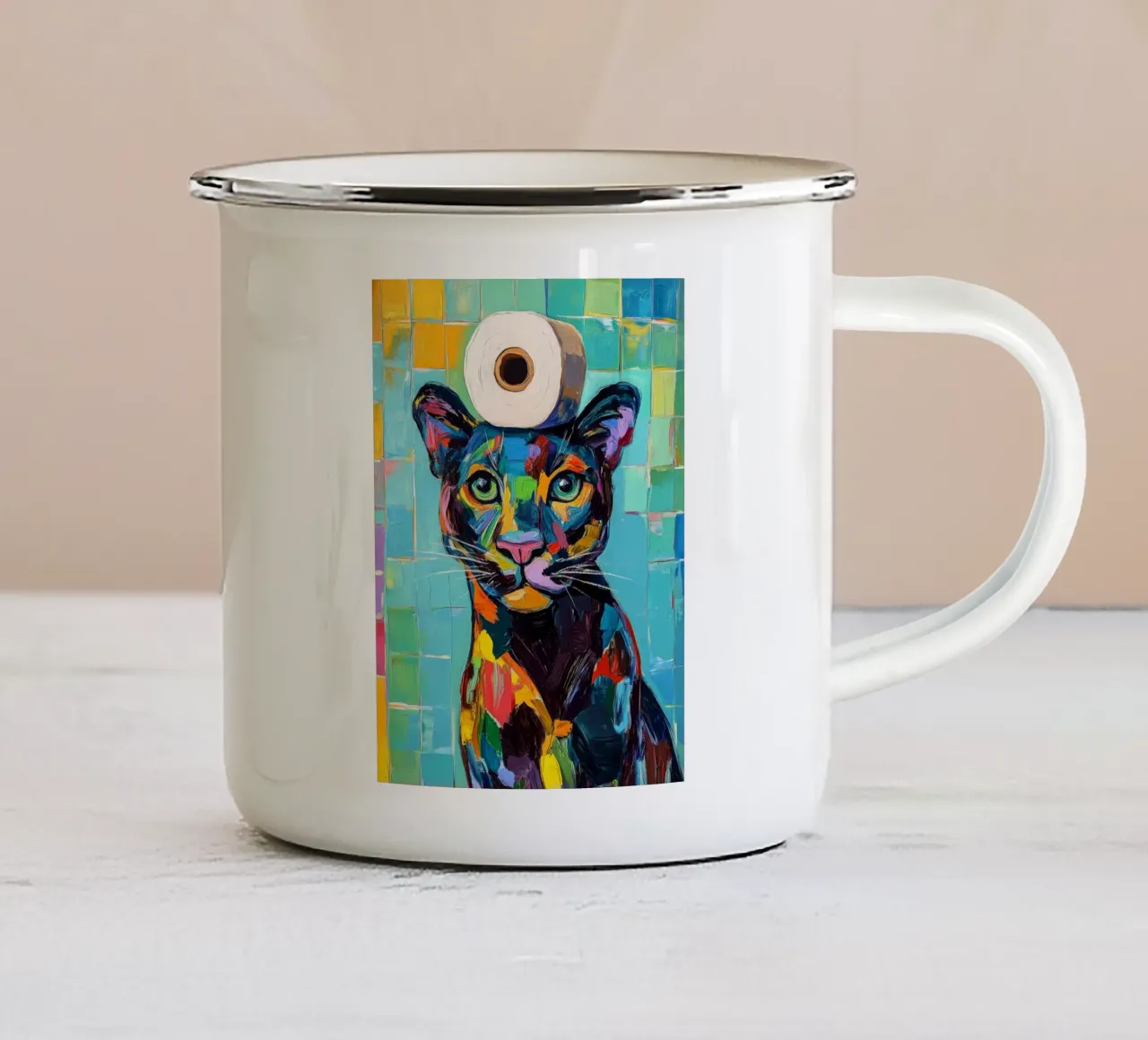 Pantera con carta igienica tazza in smalto da JoyWalkerShop
