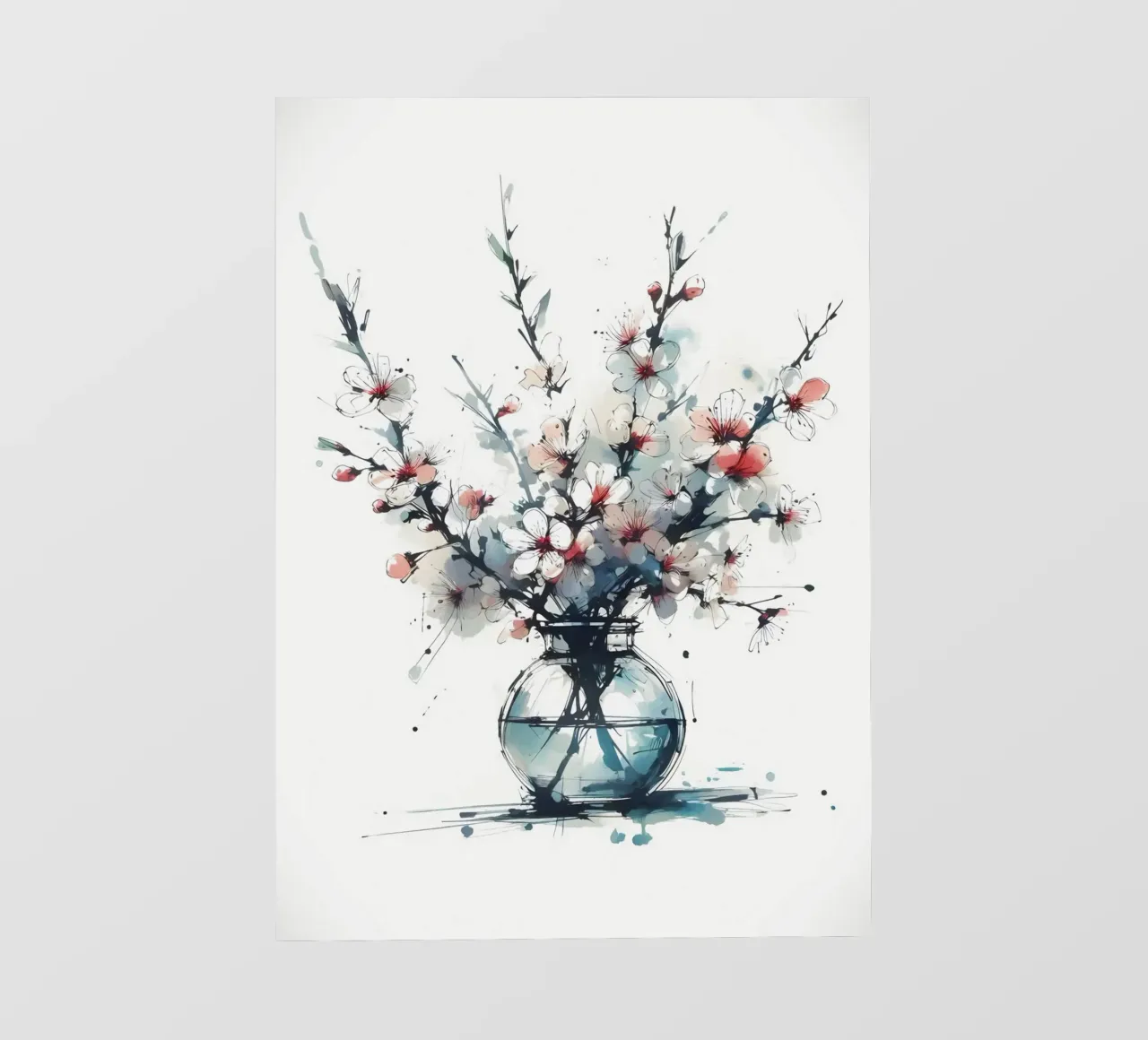 Pittura digitale minimalista di un fiore di ciliegio in un vaso telo in pvc da Bloom And Brush