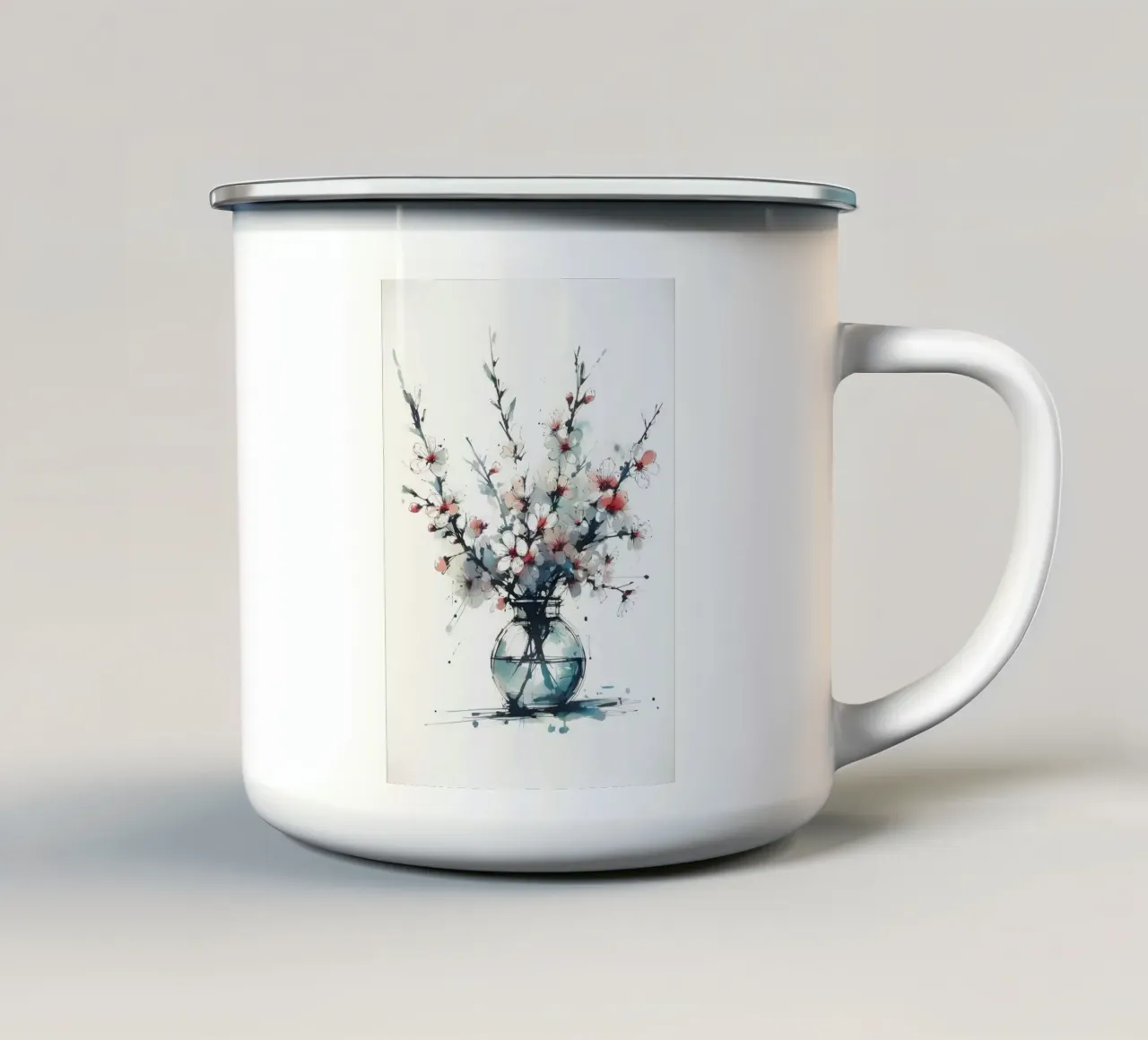 Pittura digitale minimalista di un fiore di ciliegio in un vaso tazza in smalto da Bloom And Brush