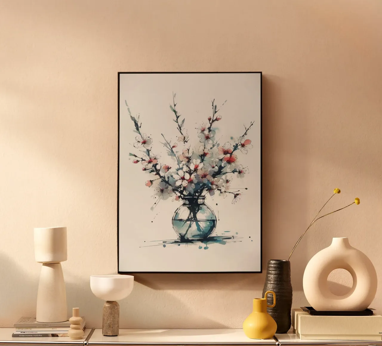 Pittura digitale minimalista di un fiore di ciliegio in un vaso plexiglass da Bloom And Brush