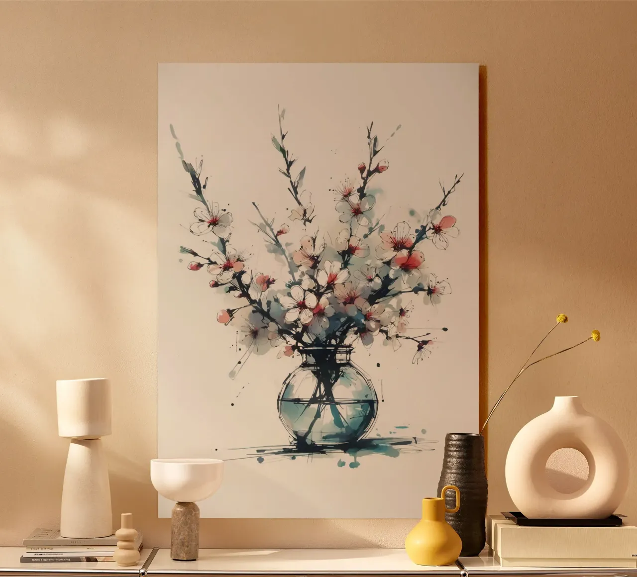 Pittura digitale minimalista di un fiore di ciliegio in un vaso plexiglass da Bloom And Brush