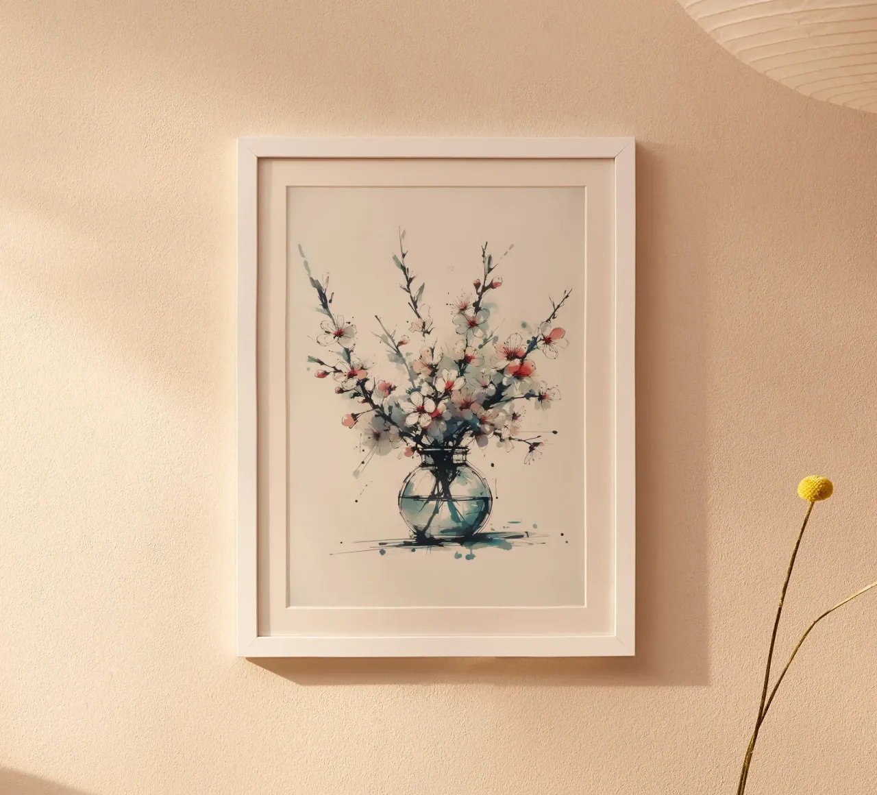 Pittura digitale minimalista di un fiore di ciliegio in un vaso poster da Bloom And Brush