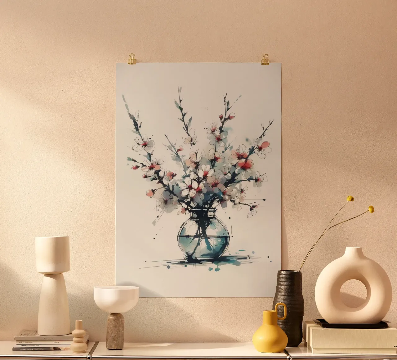Pittura digitale minimalista di un fiore di ciliegio in un vaso poster da Bloom And Brush
