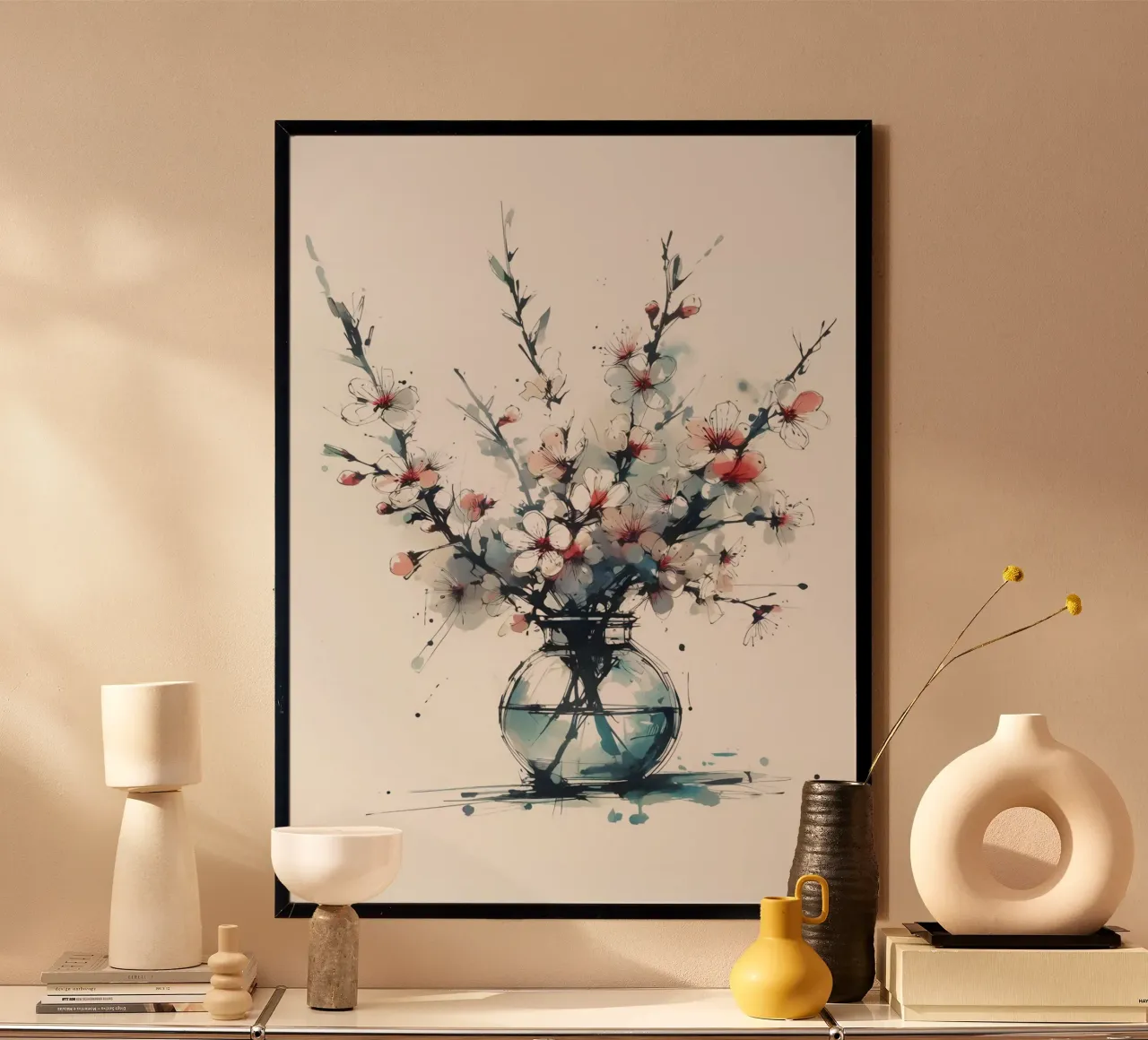 Pittura digitale minimalista di un fiore di ciliegio in un vaso poster da Bloom And Brush