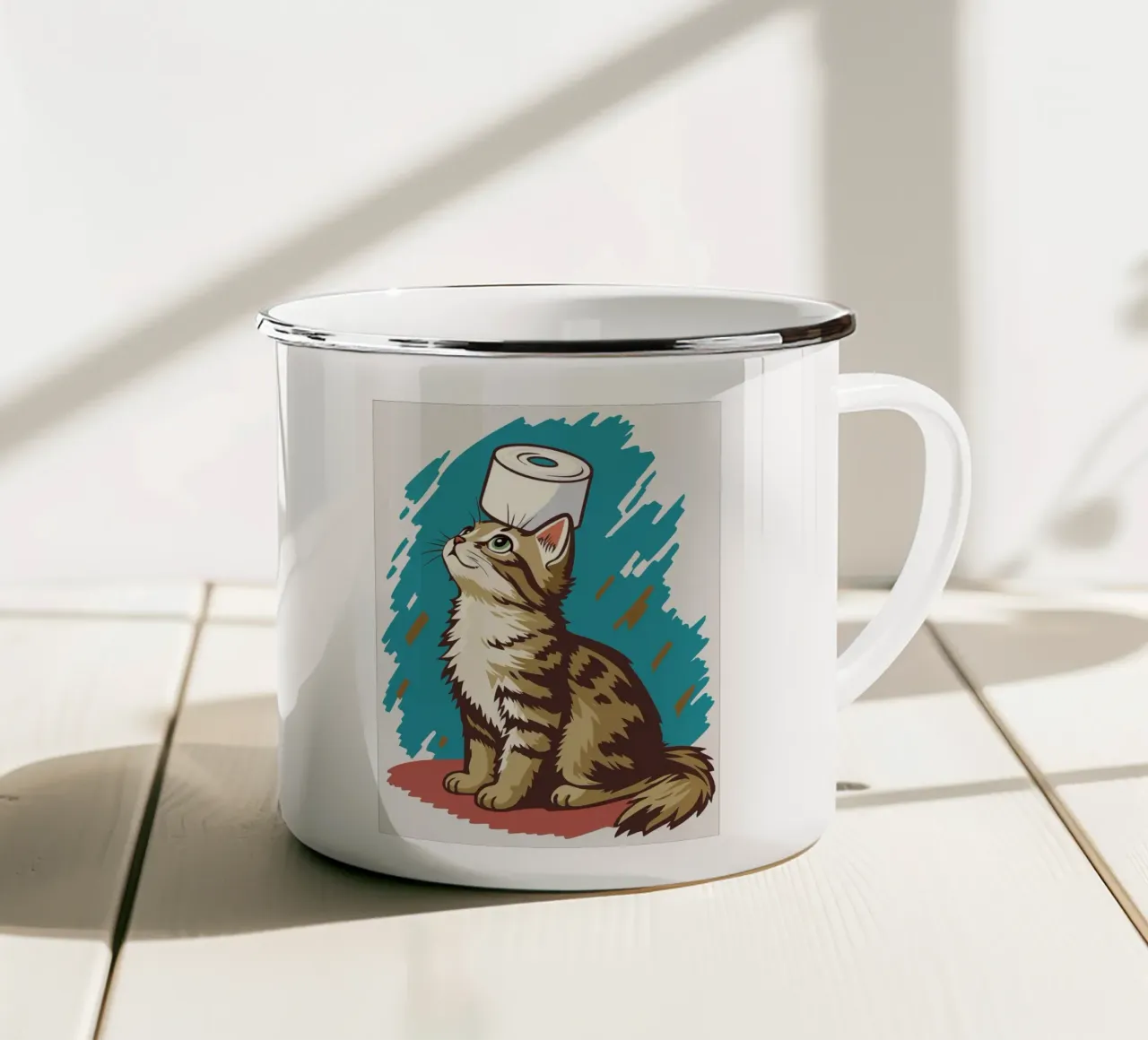 Gatto con carta igienica in testa tazza in smalto da JoyWalkerShop