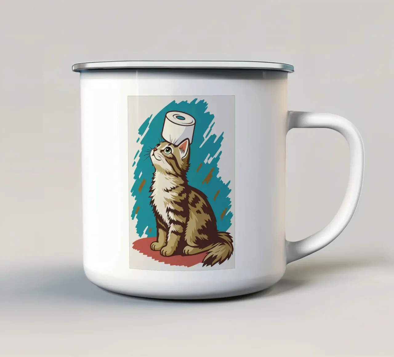 Gatto con carta igienica in testa tazza in smalto da JoyWalkerShop