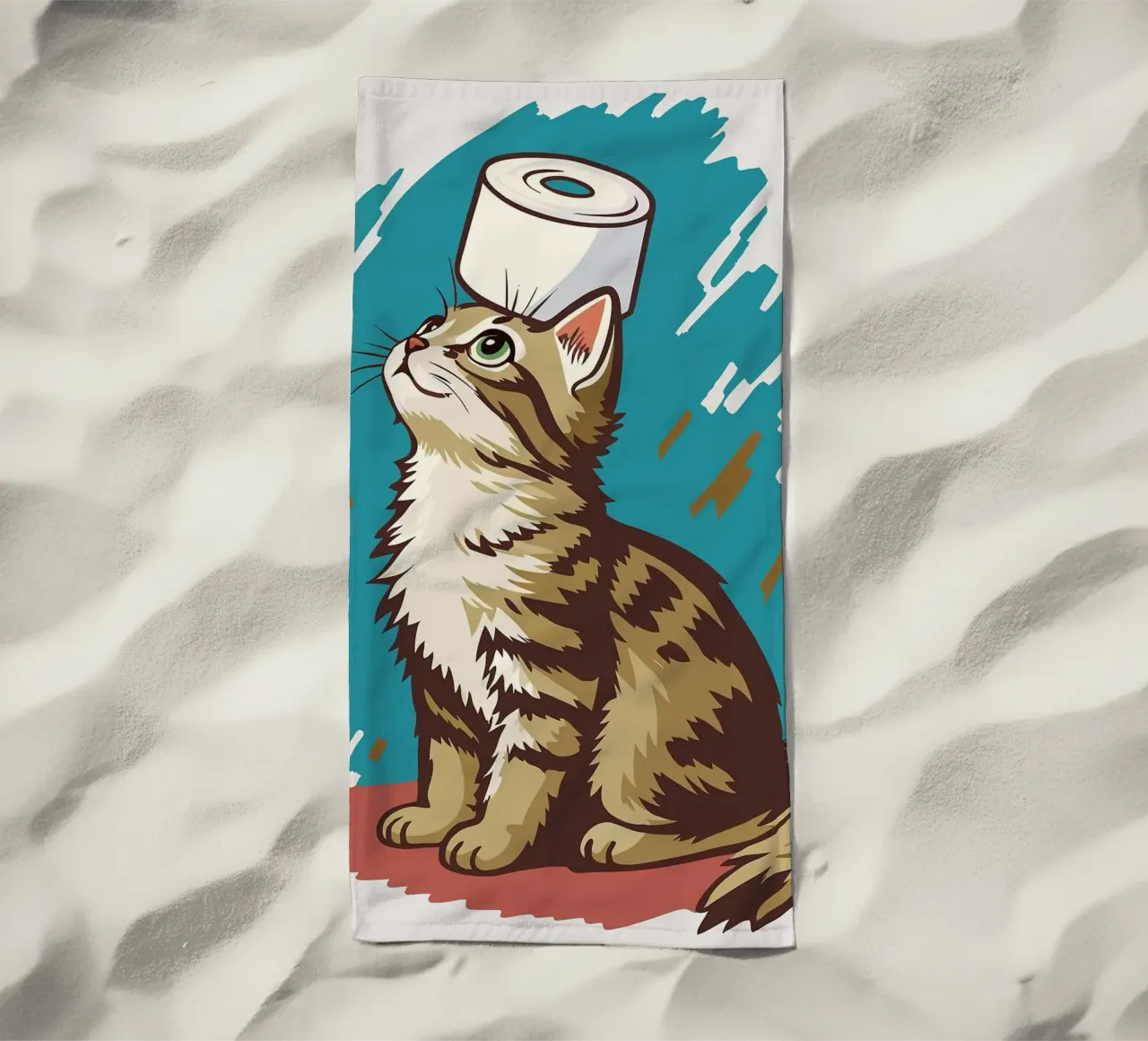 Gatto con carta igienica in testa telo mare da JoyWalkerShop