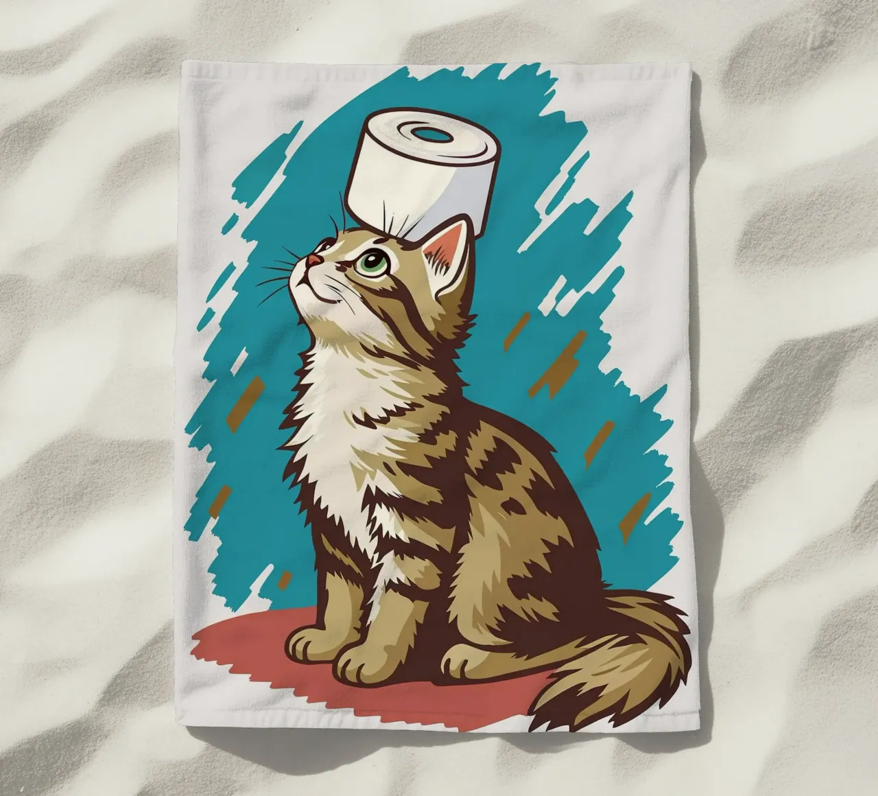 Gatto con carta igienica in testa telo mare da JoyWalkerShop
