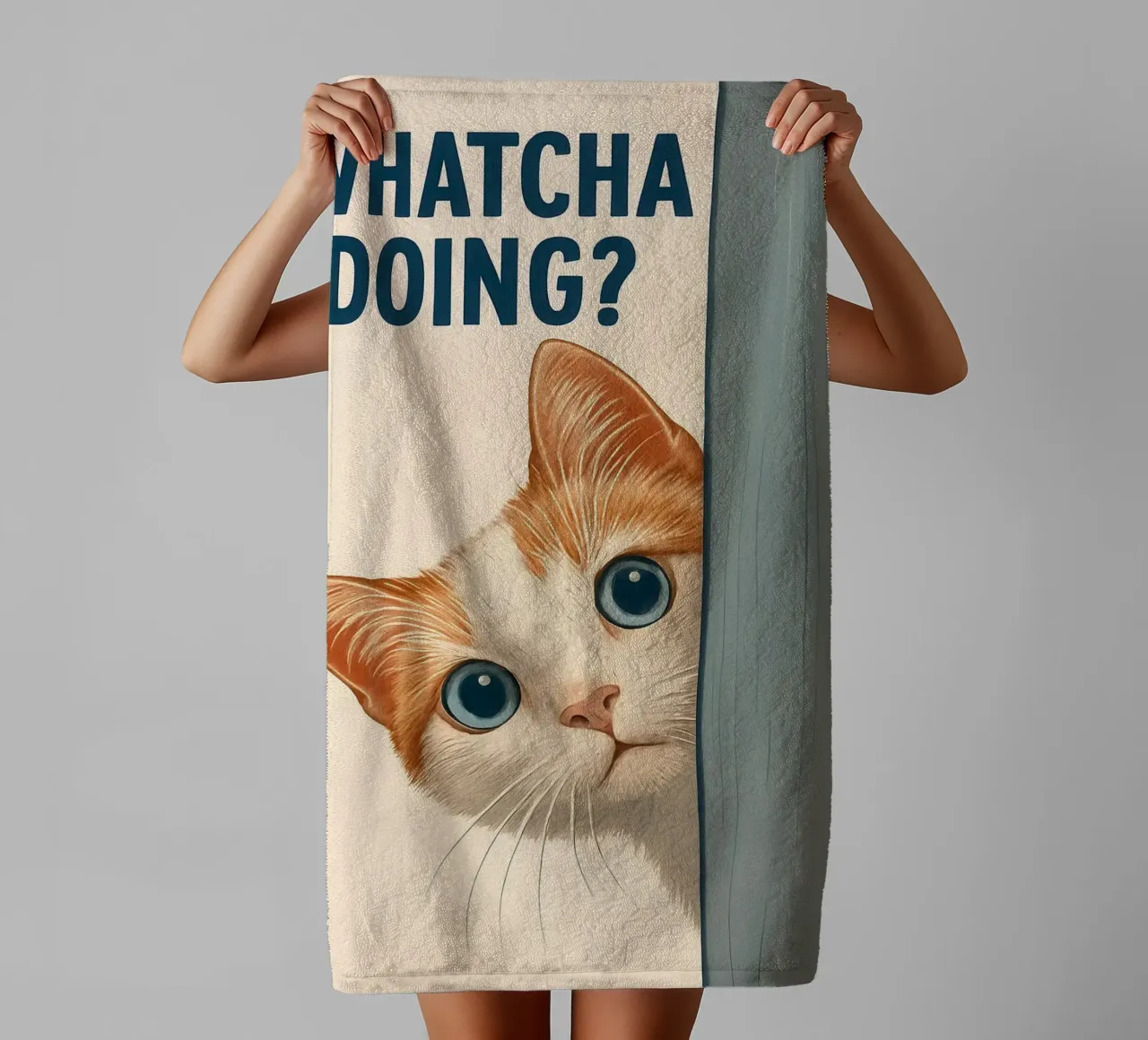 Whatcha Doing_ Curious Cat Peeking towel by JoyWalkerShop