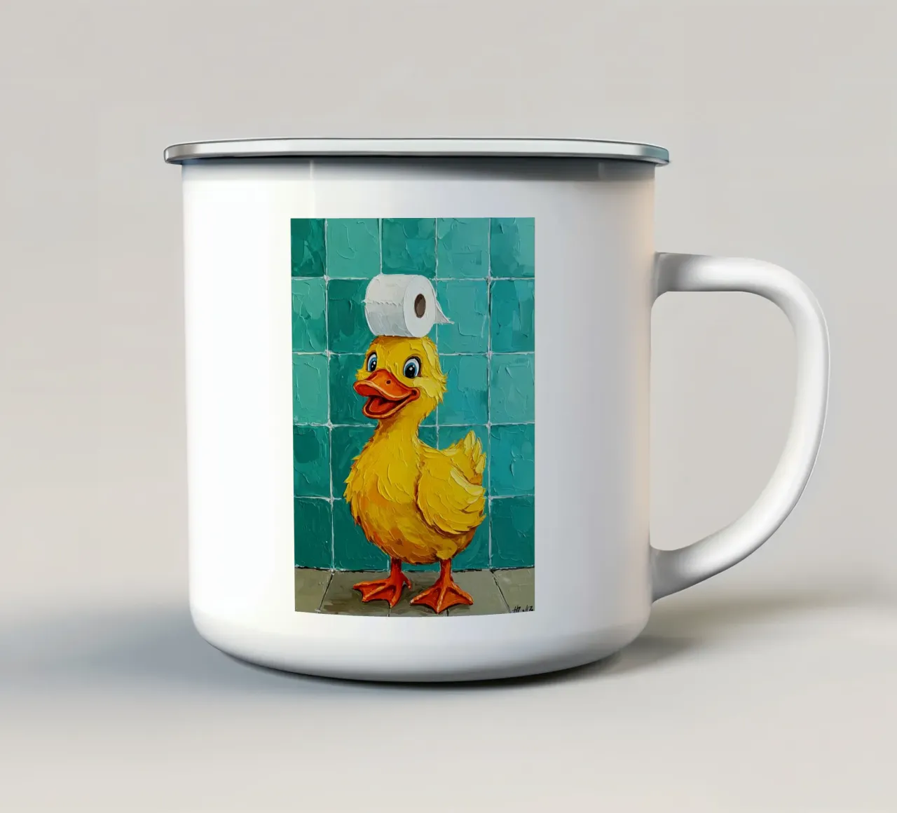 Anatra con carta igienica in testa tazza in smalto da JoyWalkerShop