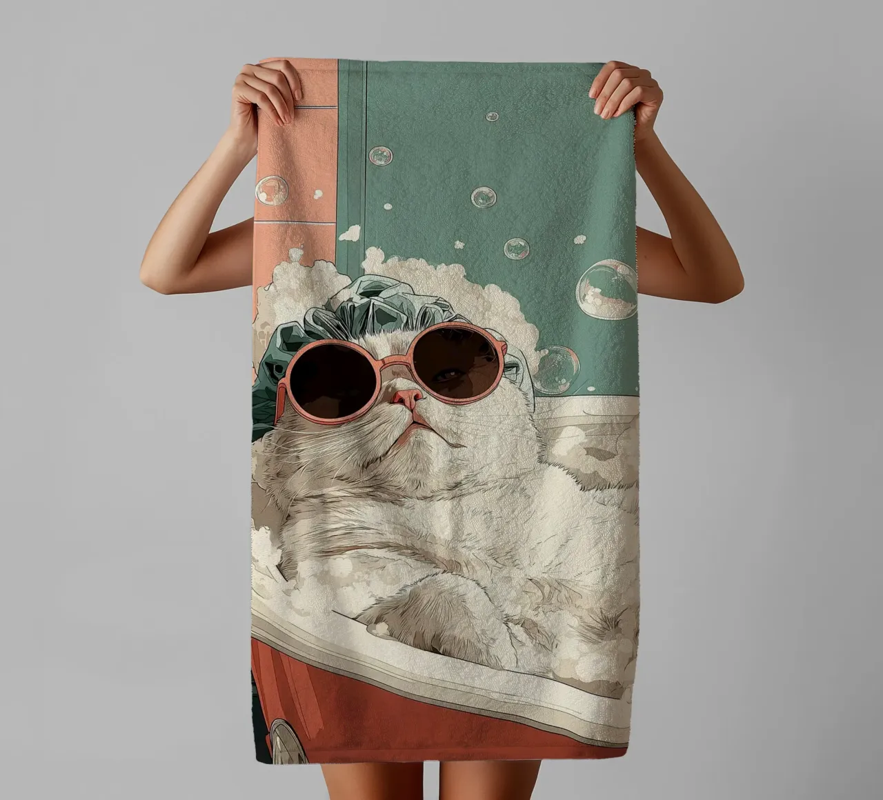 Bathtub Royalty – Retro Cat Relaxing in Style towel by JoyWalkerShop