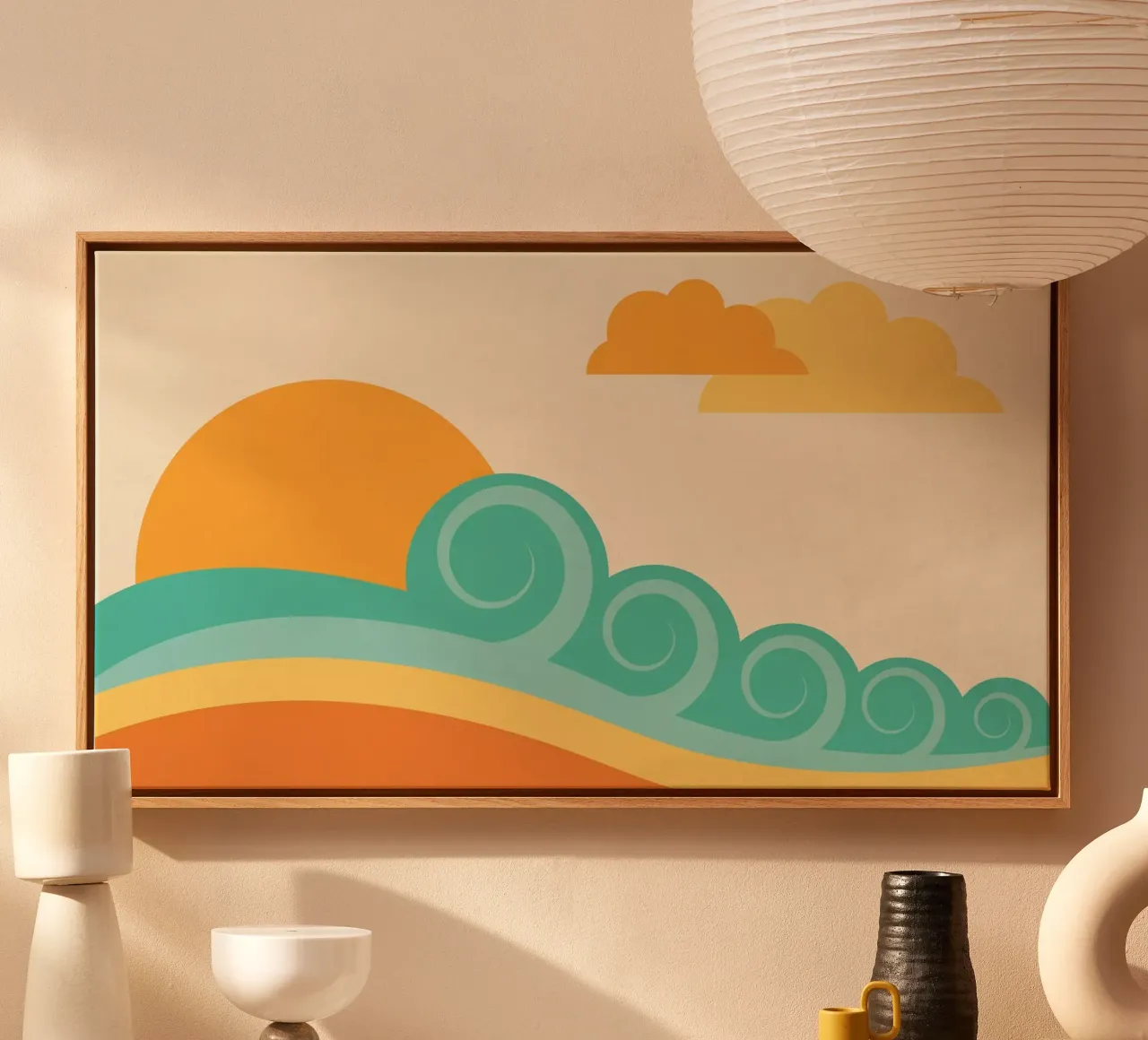 Retro beach waves canvas with Floater frame by Kim Hubball Studio