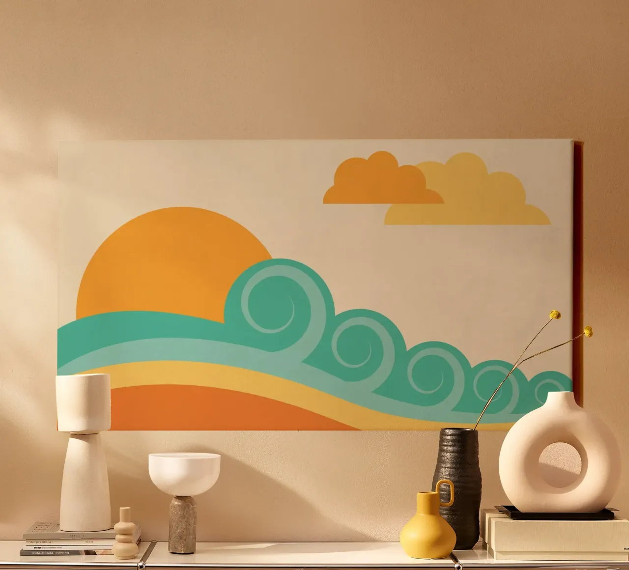 Retro beach waves canvas with Floater frame by Kim Hubball Studio