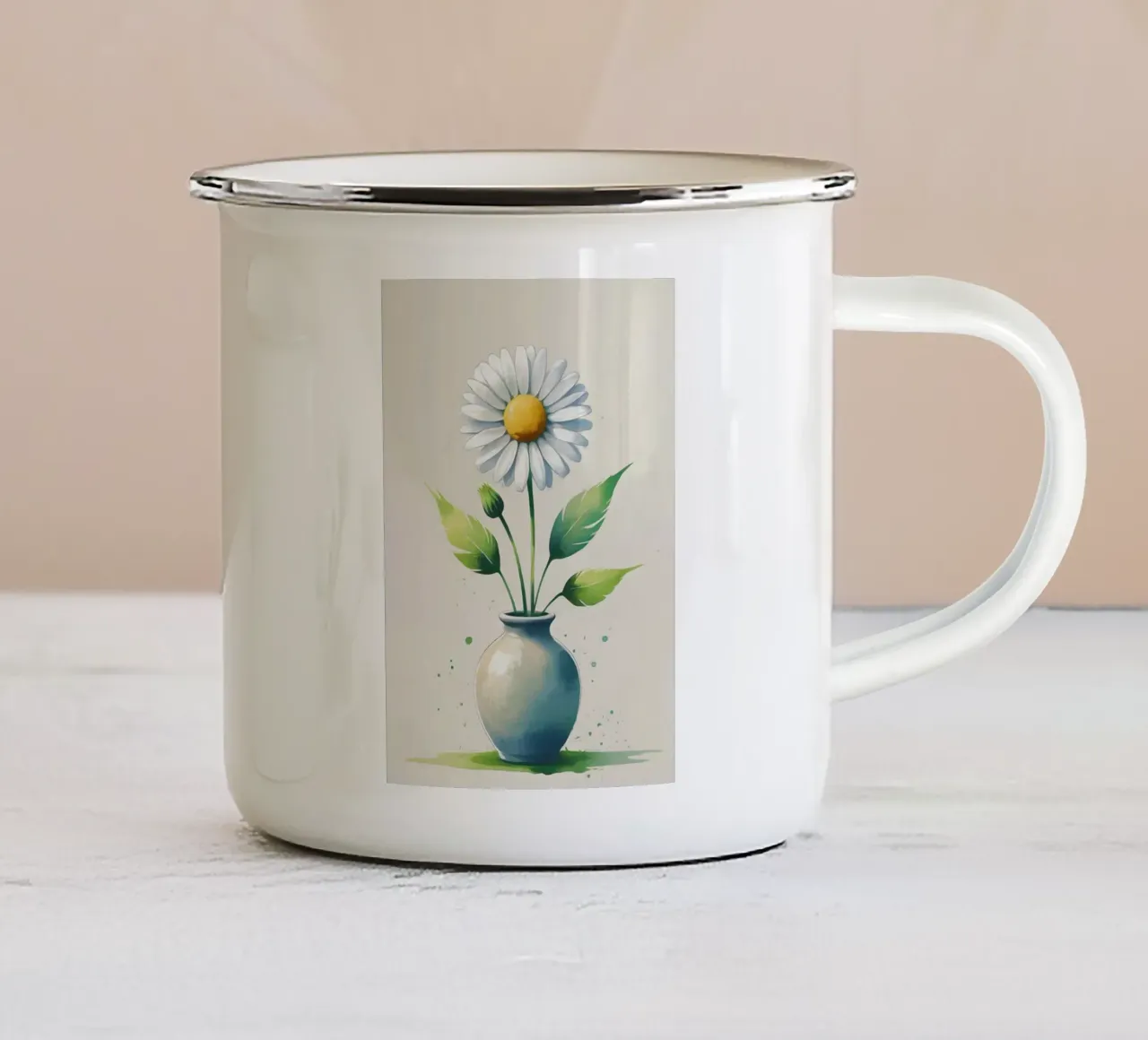Pittura digitale minimalista di fiore di margherita in un vaso tazza in smalto da Bloom And Brush