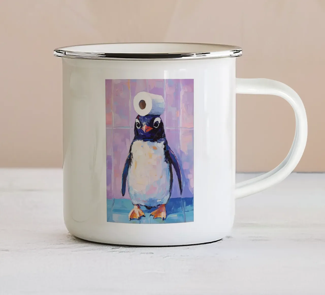 Pinguïn met toiletpapierhoed Schilderen emaille mok van JoyWalkerShop