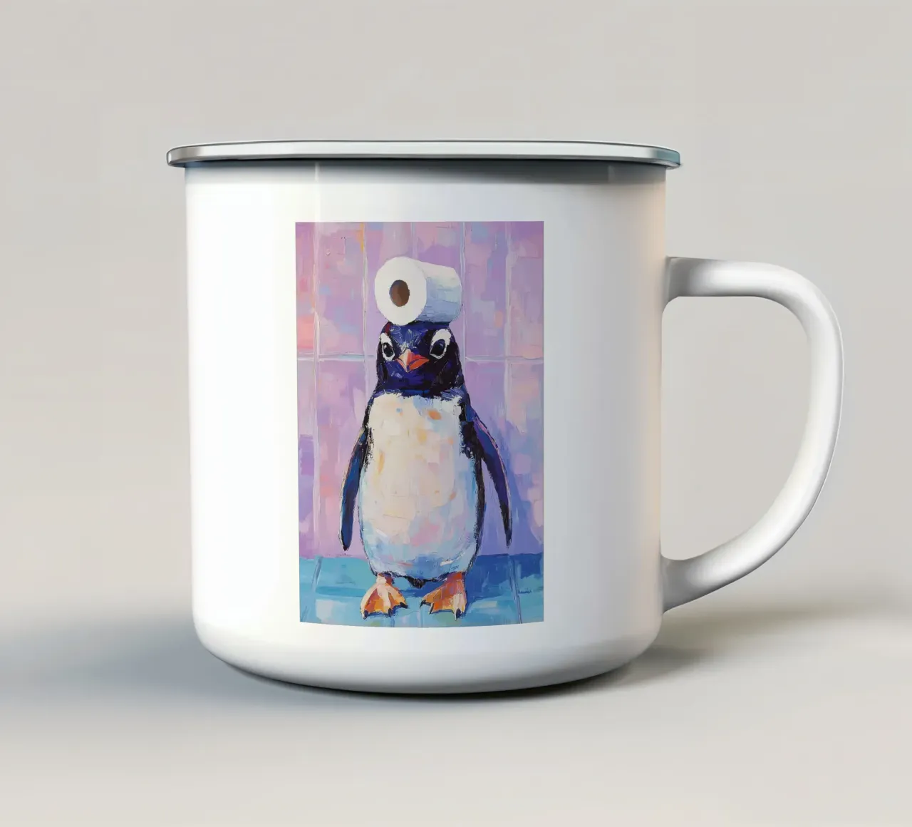 Pinguïn met toiletpapierhoed Schilderen emaille mok van JoyWalkerShop