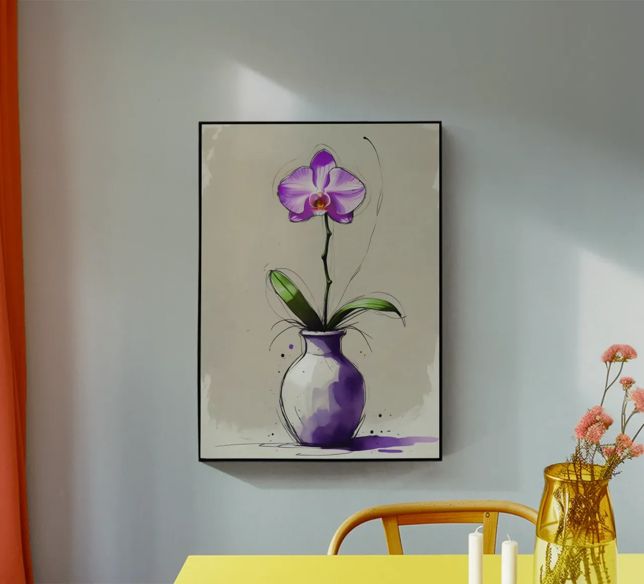 Pittura digitale di una singola orchidea viola in un vaso plexiglass da Bloom And Brush