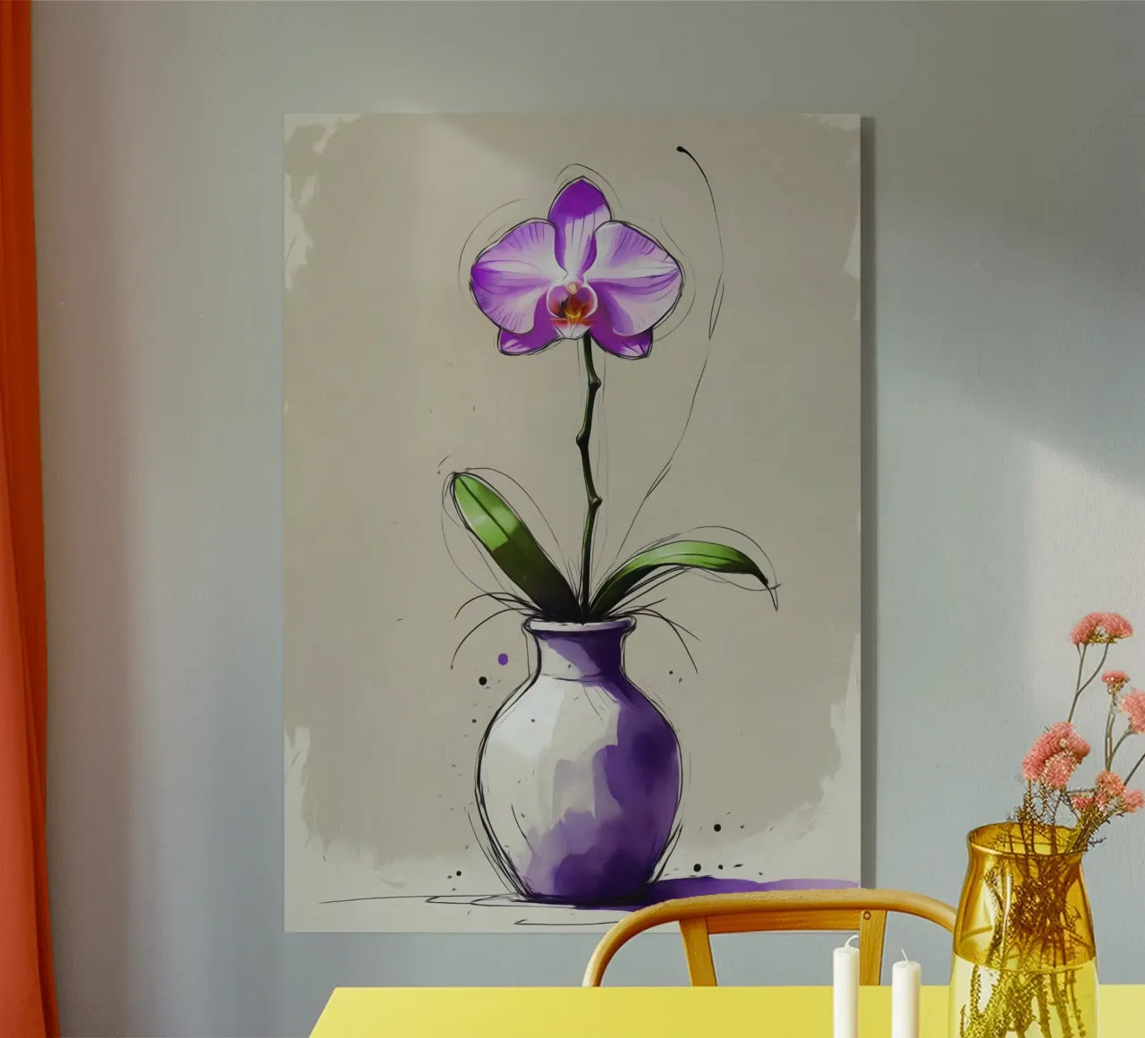 Pittura digitale di una singola orchidea viola in un vaso plexiglass da Bloom And Brush