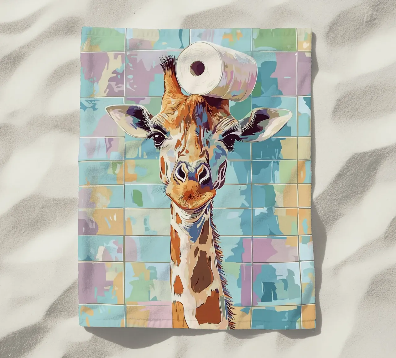 Giraffa con carta igienica in testa telo mare da JoyWalkerShop