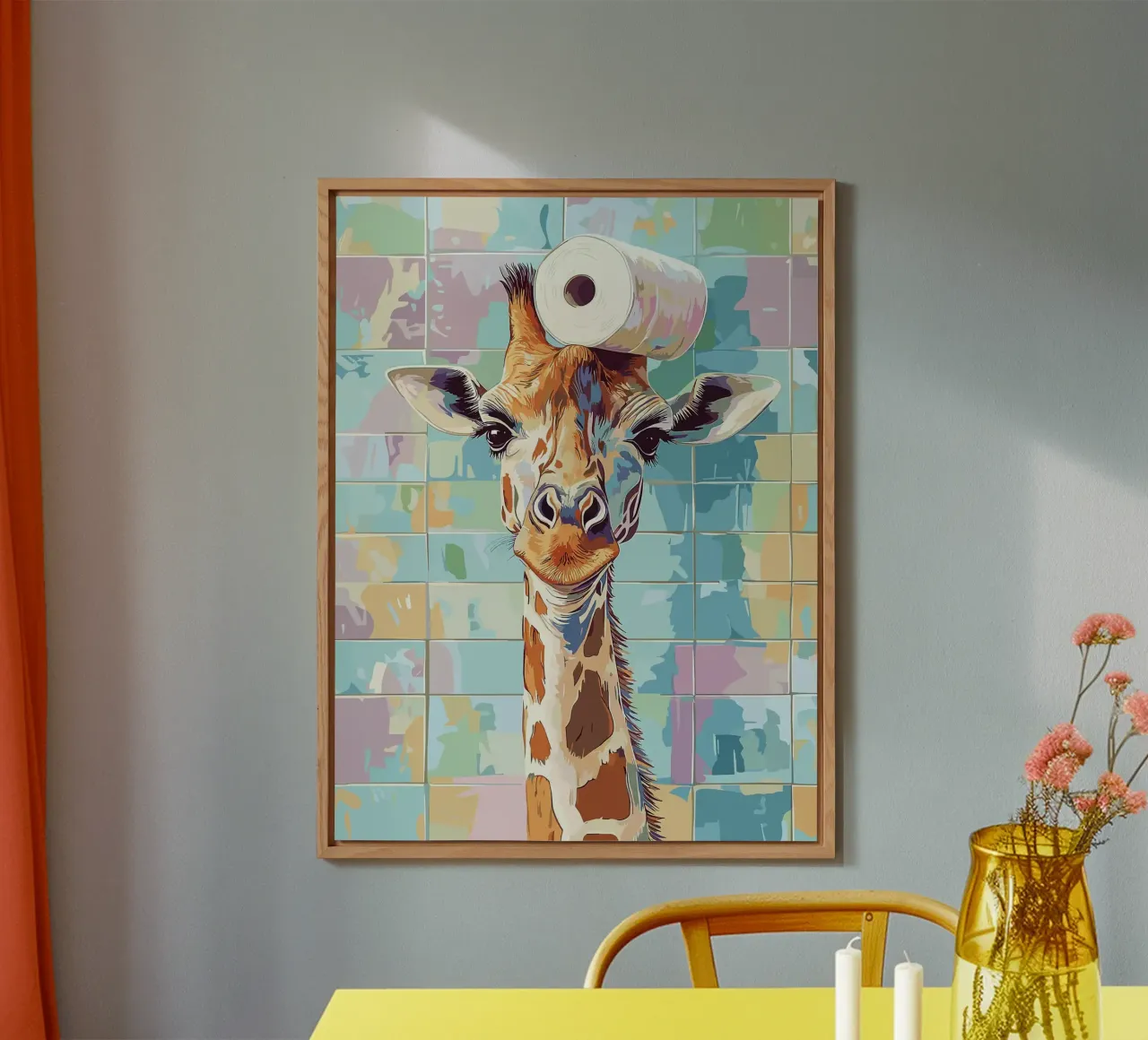 Giraffa con carta igienica in testa alluminio dibond da JoyWalkerShop