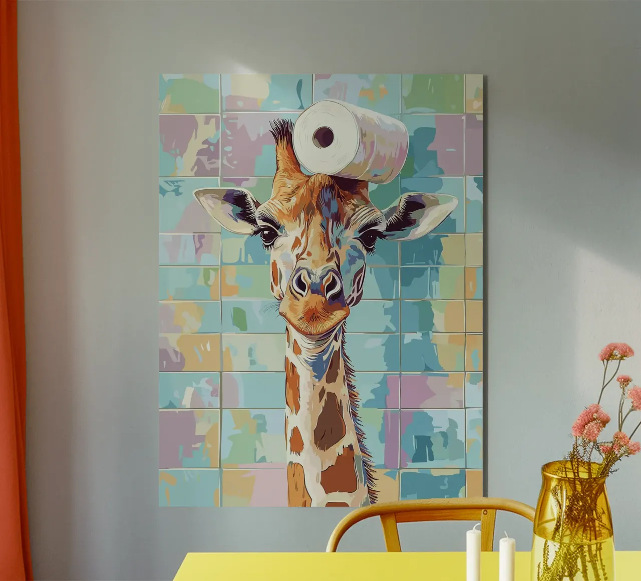 Giraffa con carta igienica in testa alluminio dibond da JoyWalkerShop