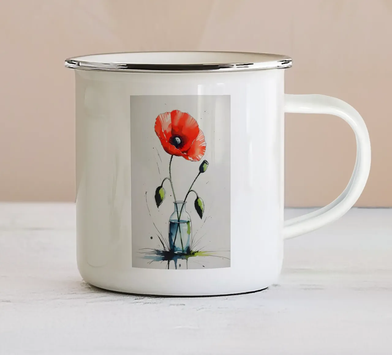 Pittura digitale minimalista di papavero rosso in un vaso tazza in smalto da Bloom And Brush