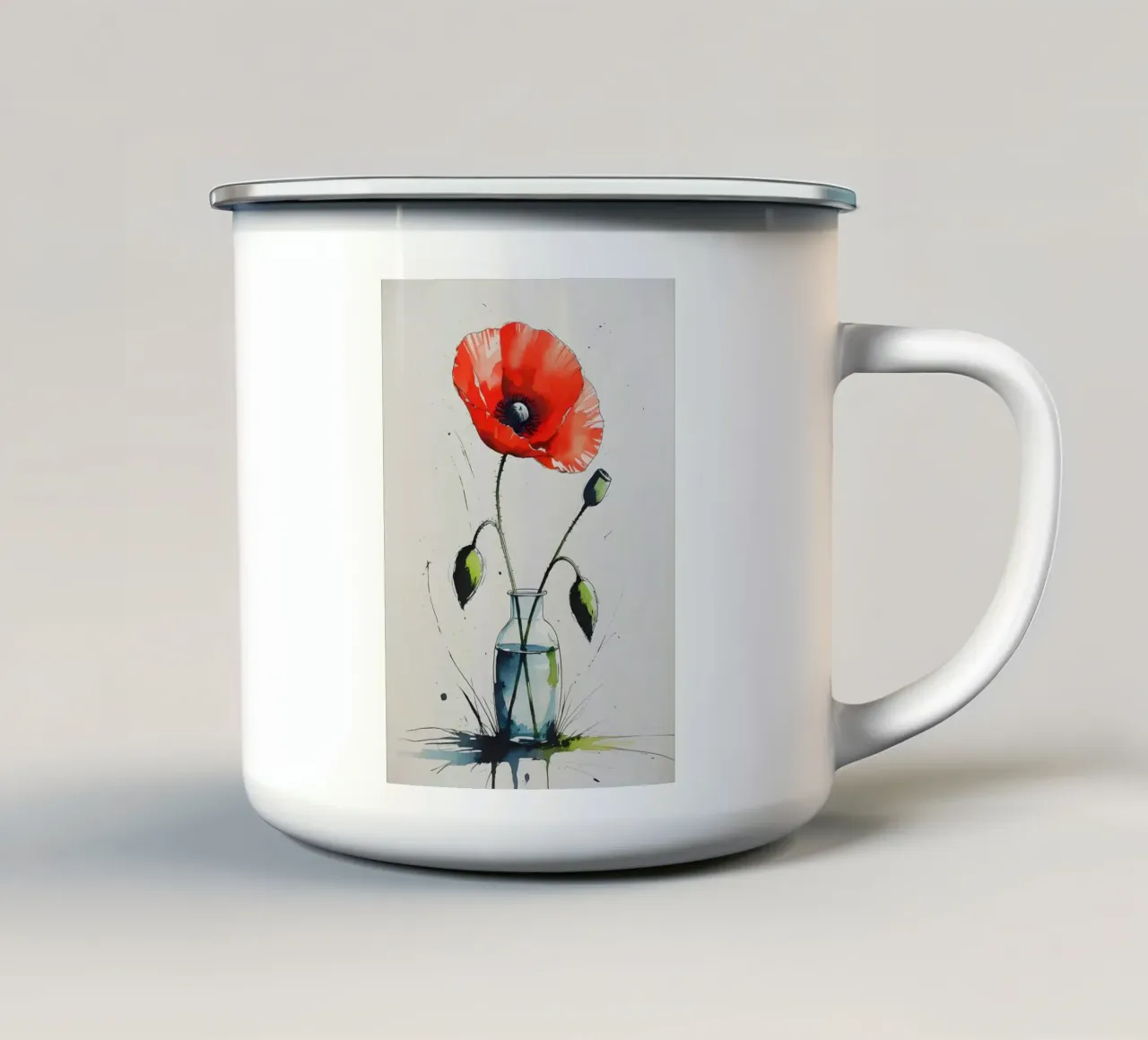Pittura digitale minimalista di papavero rosso in un vaso tazza in smalto da Bloom And Brush