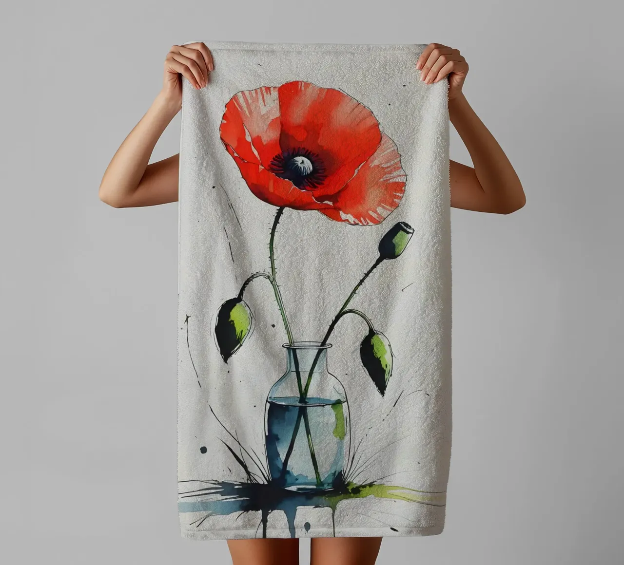 Minimalist digital painting of red poppy in a vase towel by Bloom And Brush