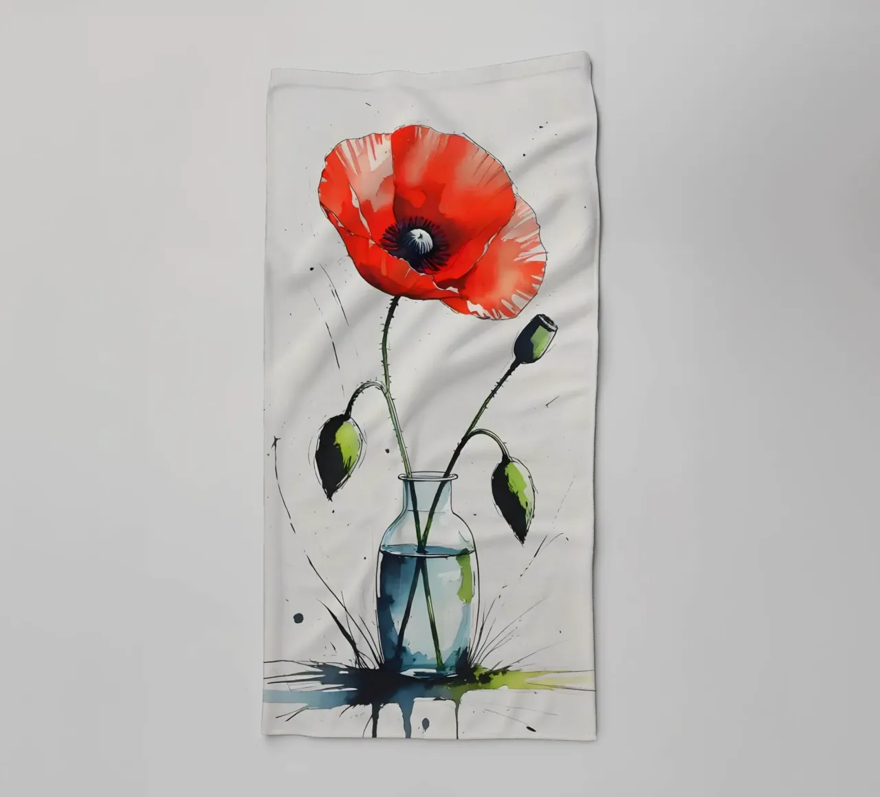 Minimalist digital painting of red poppy in a vase towel by Bloom And Brush