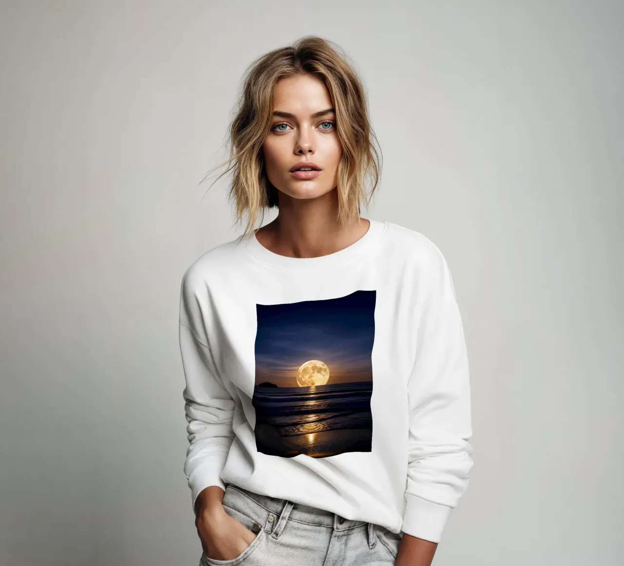 Vollmond über dem Ozean bei Nacht Sweatshirt von ShopByHaru