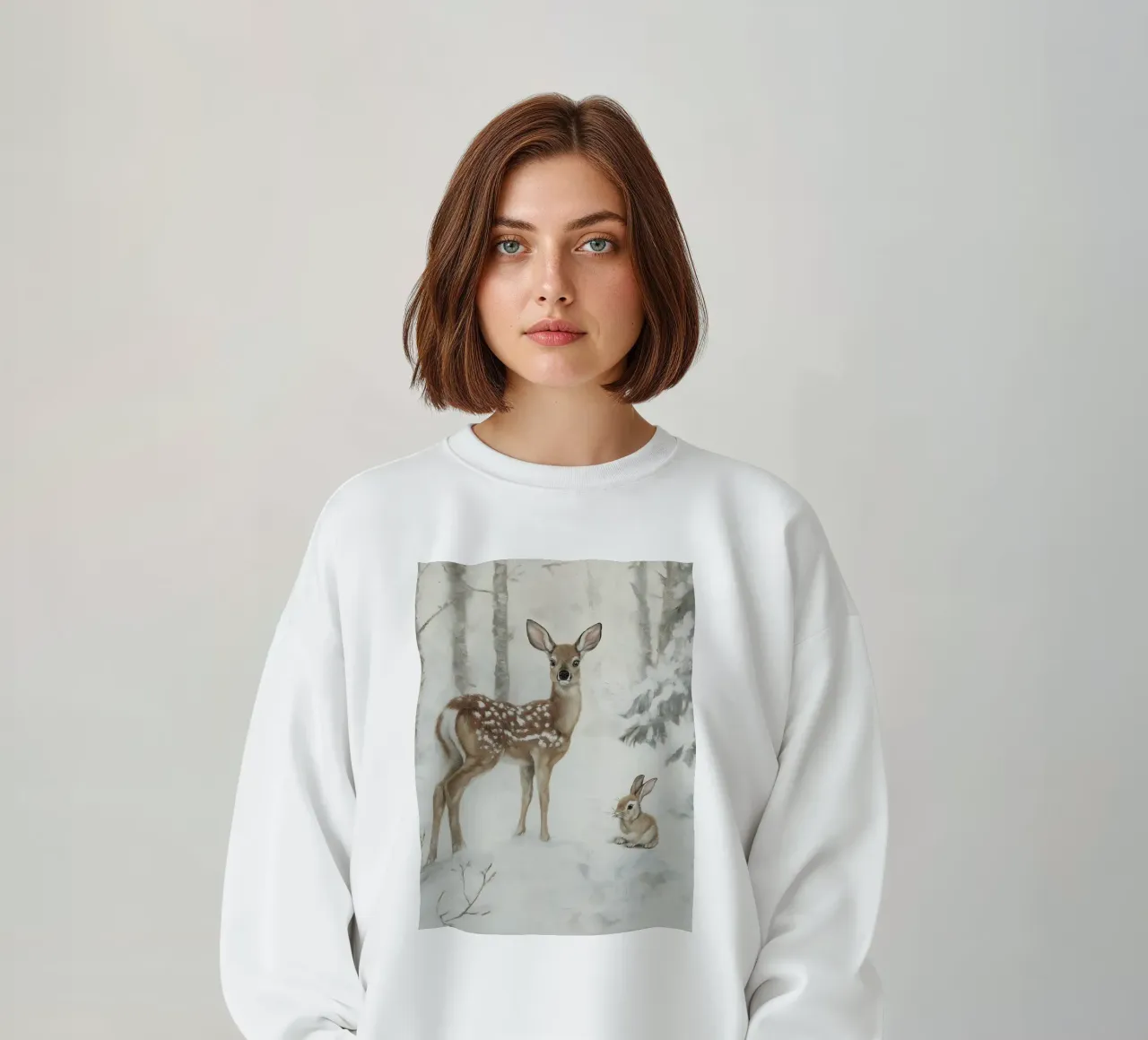 Impresión artística de ciervos y liebres en invierno sudadera de Cozy Vibes