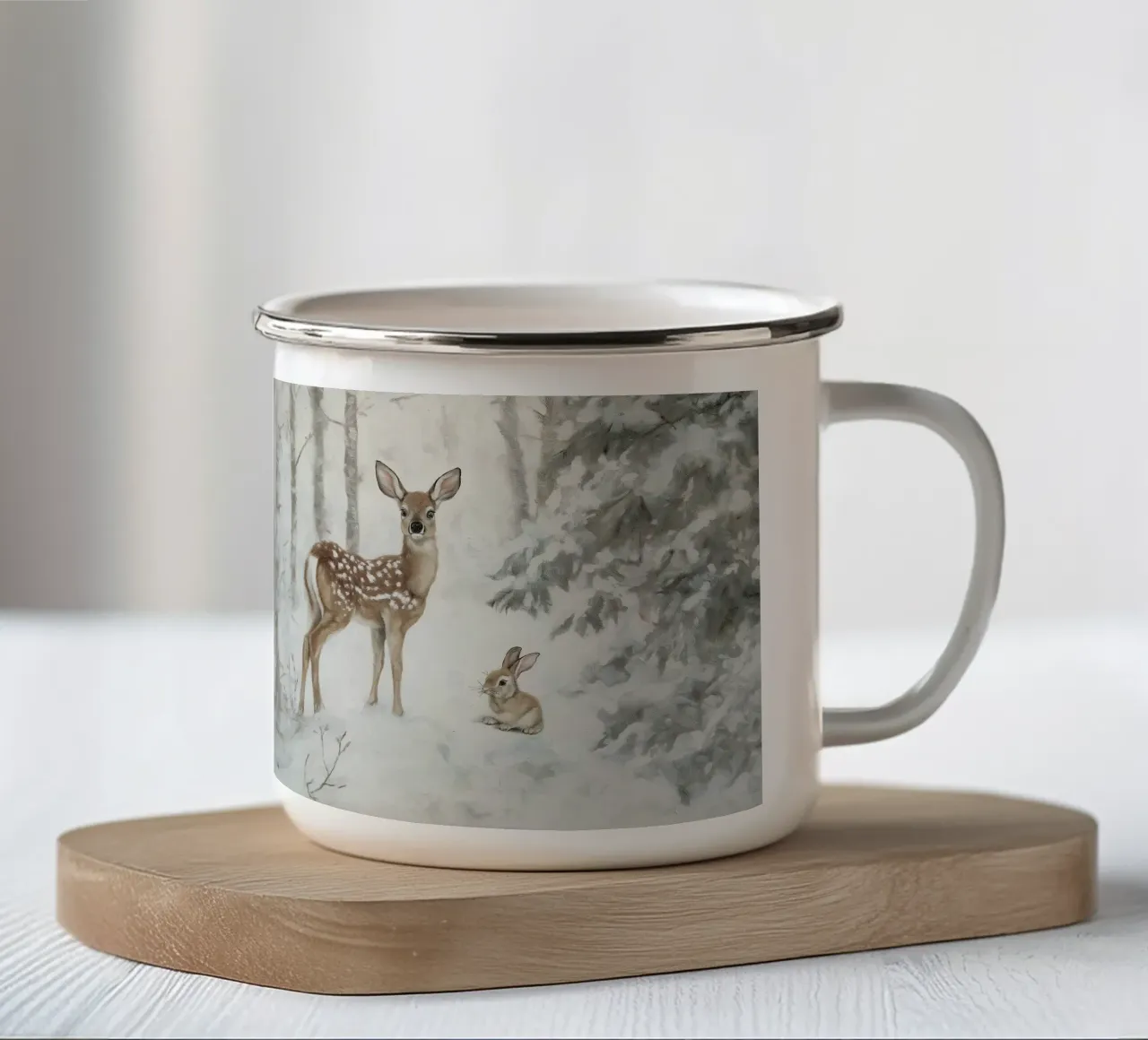 Cervo e lepre - Stampa d'arte invernale tazza in smalto da Cozy Vibes