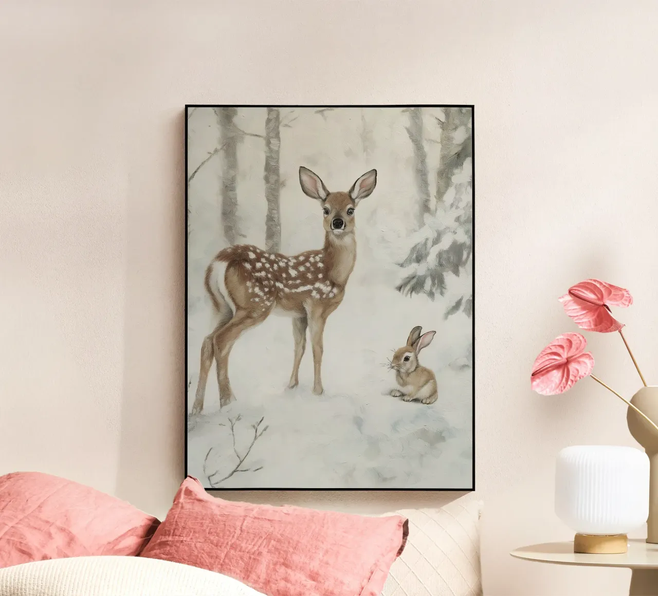 Impresión artística de ciervos y liebres en invierno metacrilato de Cozy Vibes