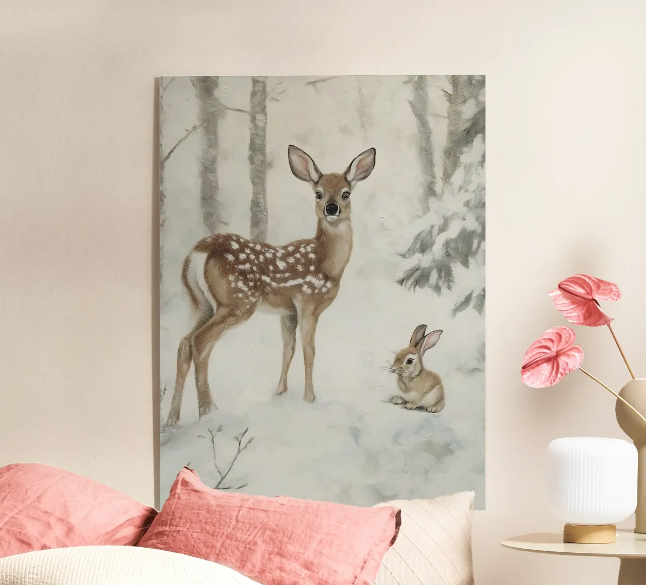 Impresión artística de ciervos y liebres en invierno metacrilato de Cozy Vibes