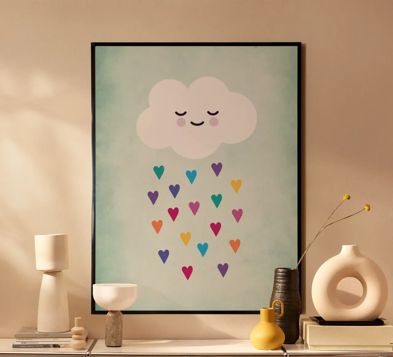 Arte della cameretta con le nuvole addormentate poster con telaio in legno da Kim Hubball Studio