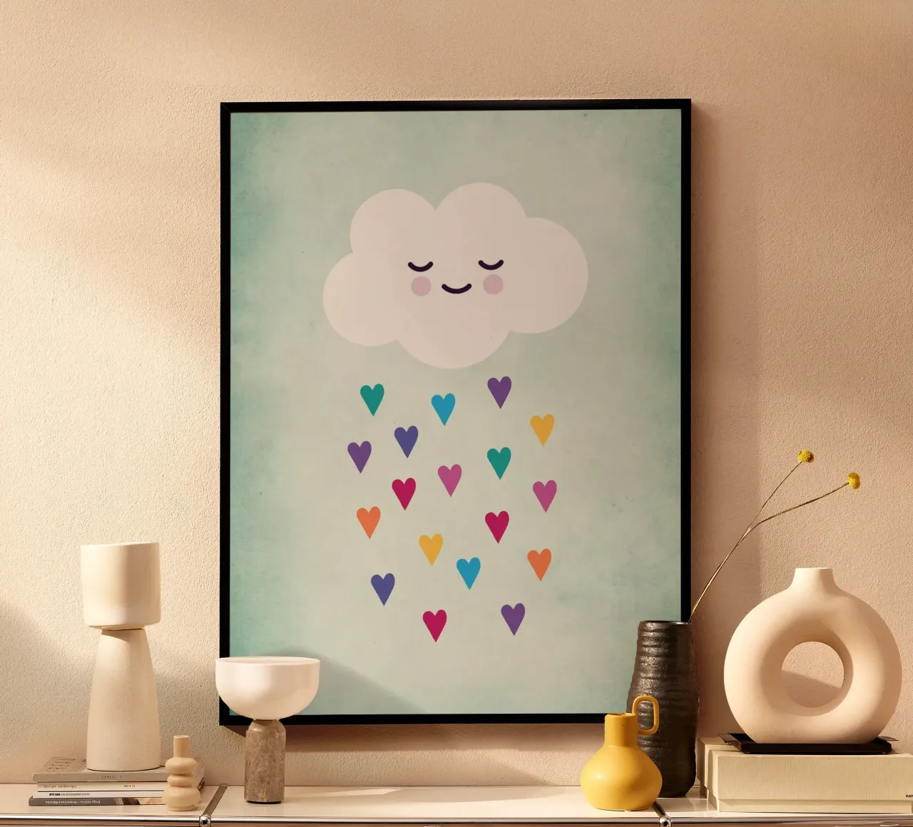 Arte della cameretta con le nuvole addormentate poster con telaio in legno da Kim Hubball Studio