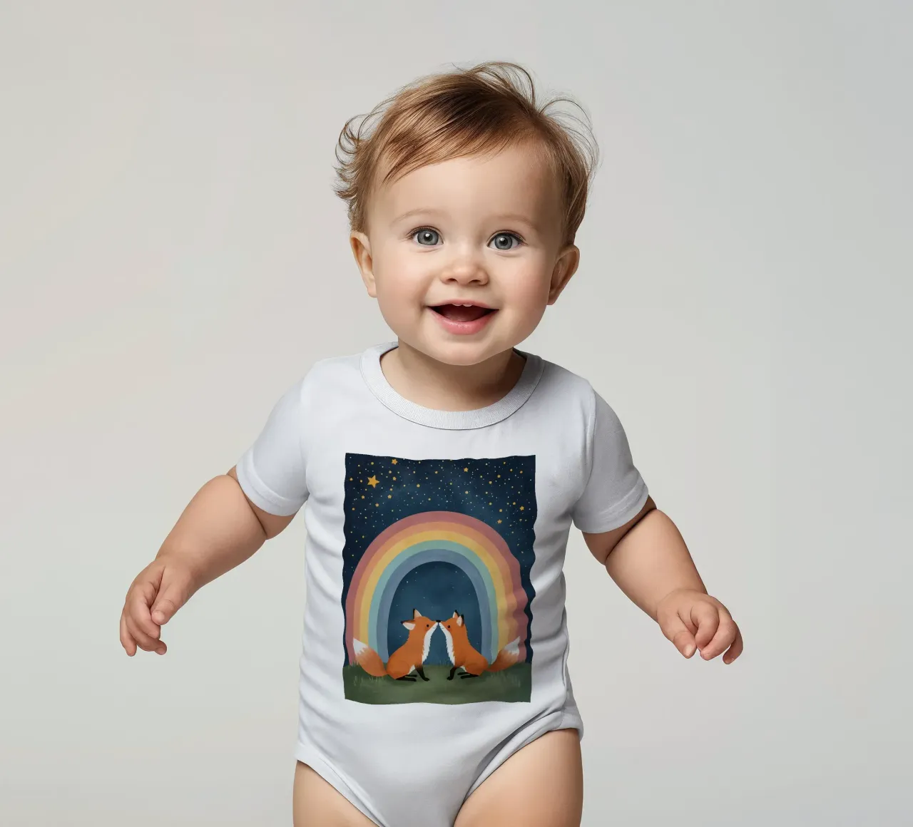 Niedliche liebende Füchse unter dem Regenbogen mit Sternen Kurzarm Babybody von DesignDoodle