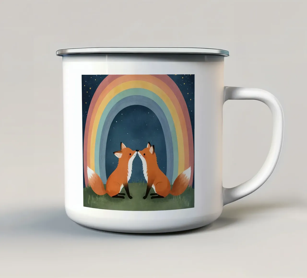 Volpi amorevoli e carine sotto l'arcobaleno con le stelle tazza in smalto da DesignDoodle