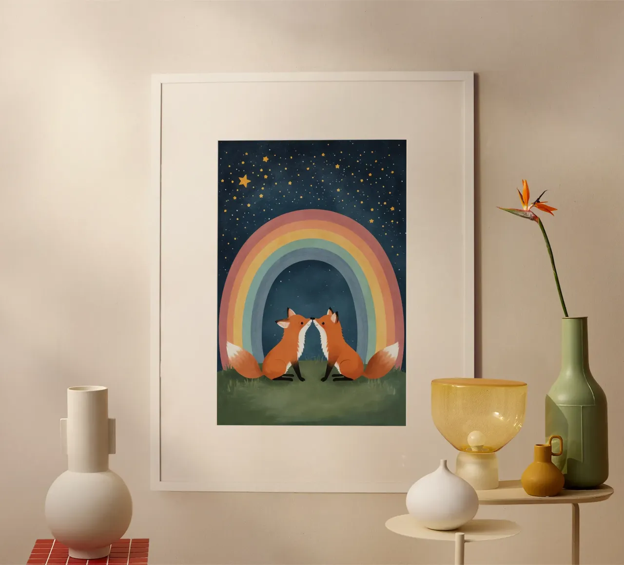 Niedliche liebende Füchse unter dem Regenbogen mit Sternen Hahnemühle von DesignDoodle