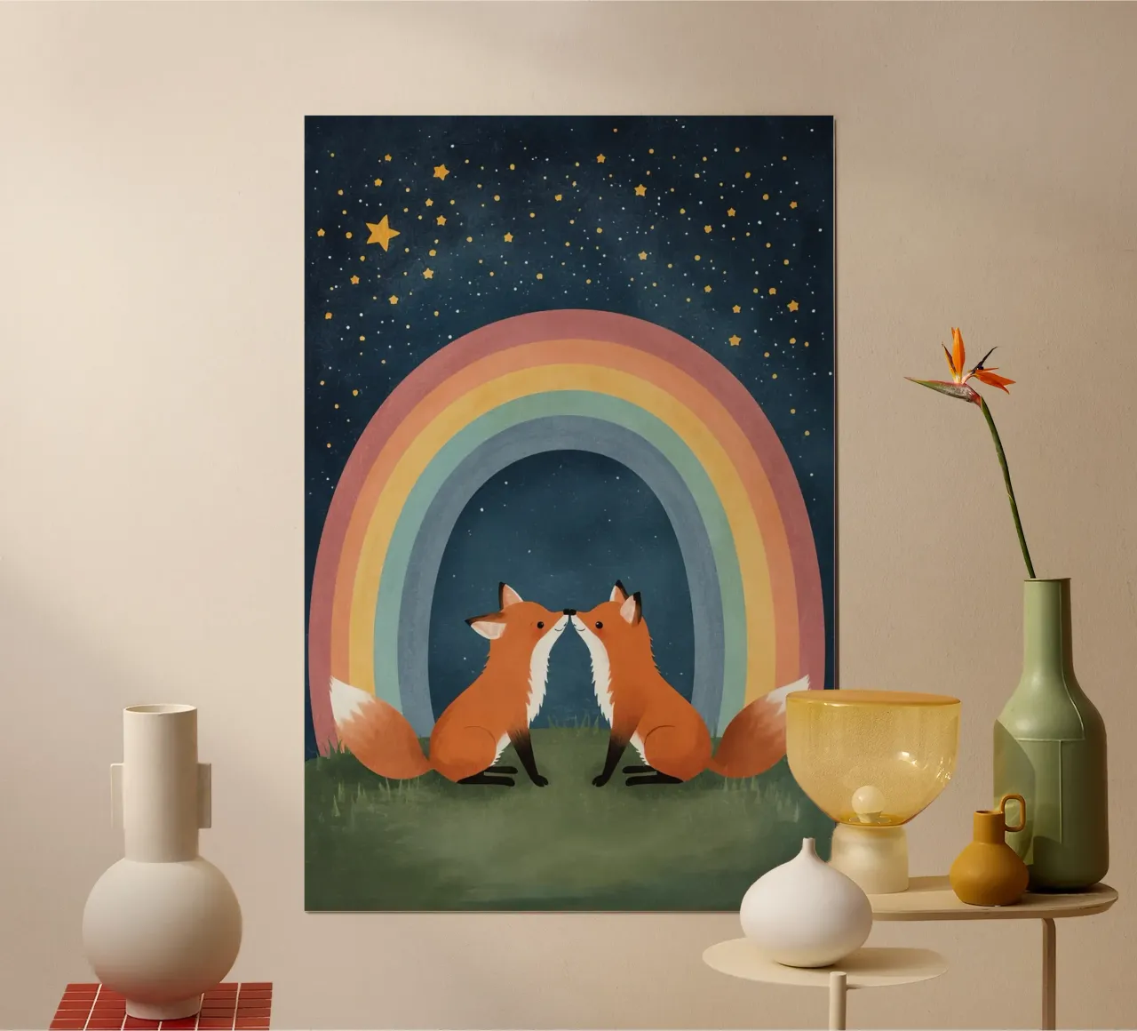 Niedliche liebende Füchse unter dem Regenbogen mit Sternen Hahnemühle von DesignDoodle
