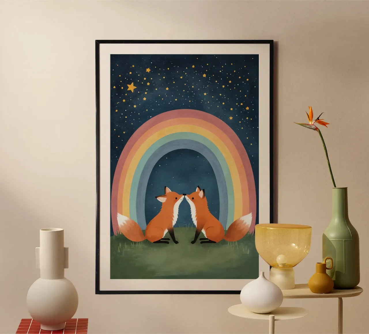 Niedliche liebende Füchse unter dem Regenbogen mit Sternen Hahnemühle von DesignDoodle