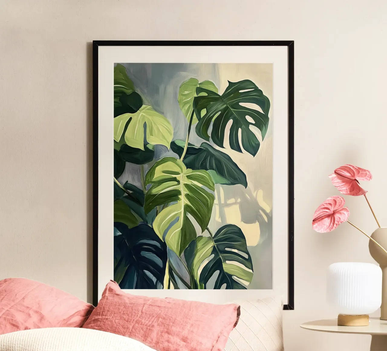 Olio vegetale Monstera Botanical Green Living Room poster con telaio in alluminio da Euphoria Theresa