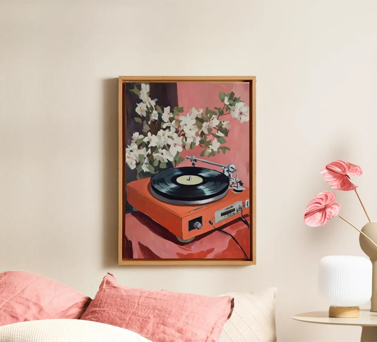 Muziek vintage platenspeler vinyl roze olie canvas met Baklijst van Euphoria Theresa