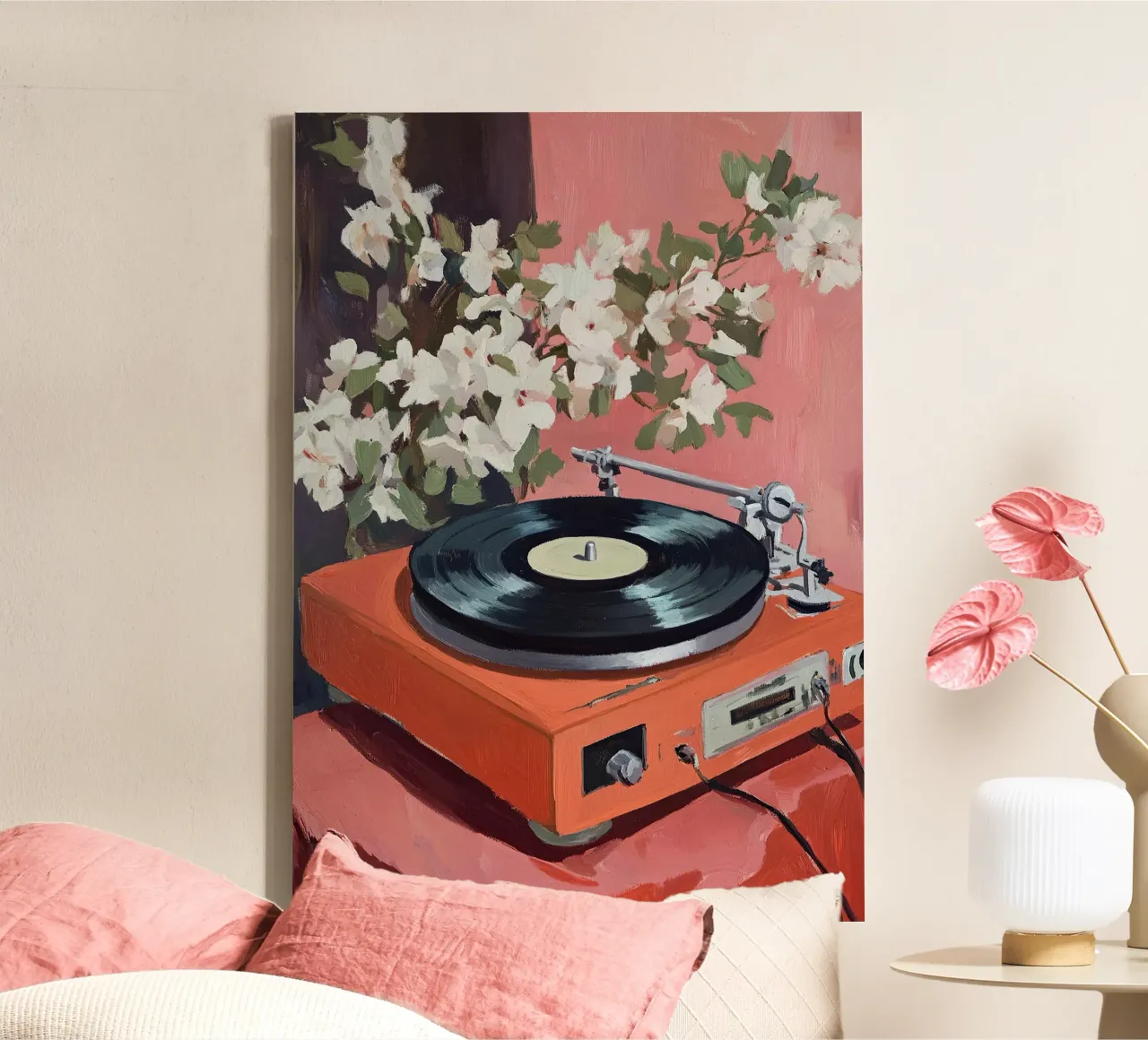 Muziek vintage platenspeler vinyl roze olie canvas met Baklijst van Euphoria Theresa