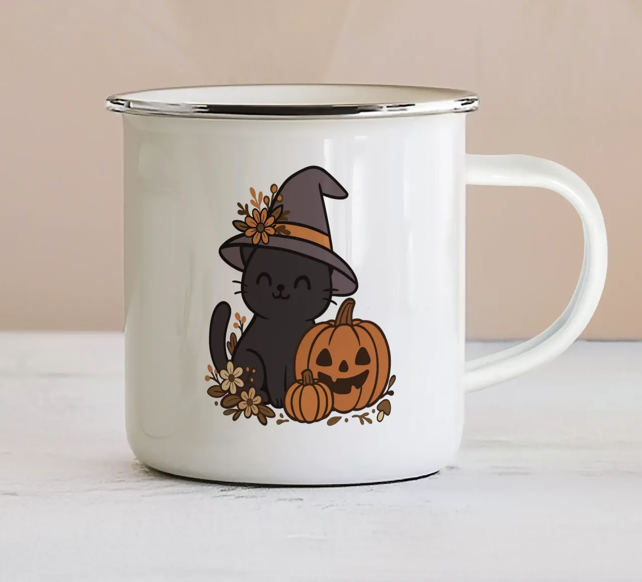 Gatto nero carino con zucca - Autunno Kawaii Halloween tazza in smalto da Kiroiharu