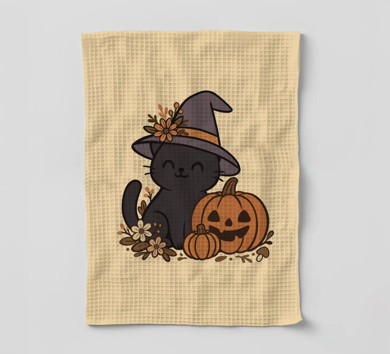 Niedliche schwarze Katze Hexe mit Kürbis - Herbst Kawaii Halloween Geschirrtuch von Kiroiharu