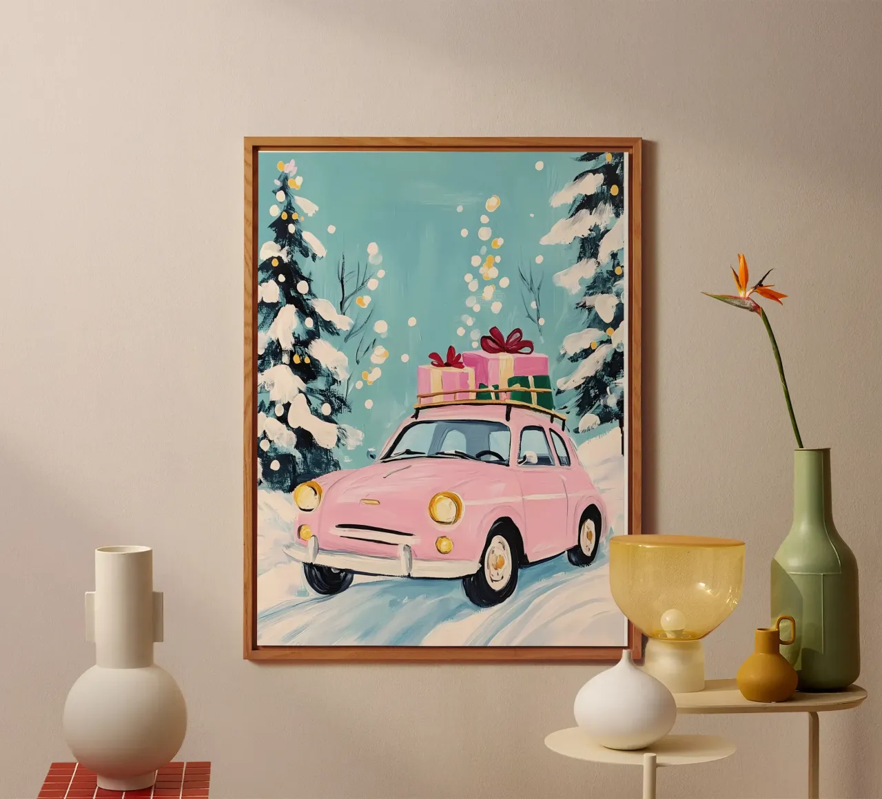 Auto di Natale rosa alluminio dibond da IamHomeStudio