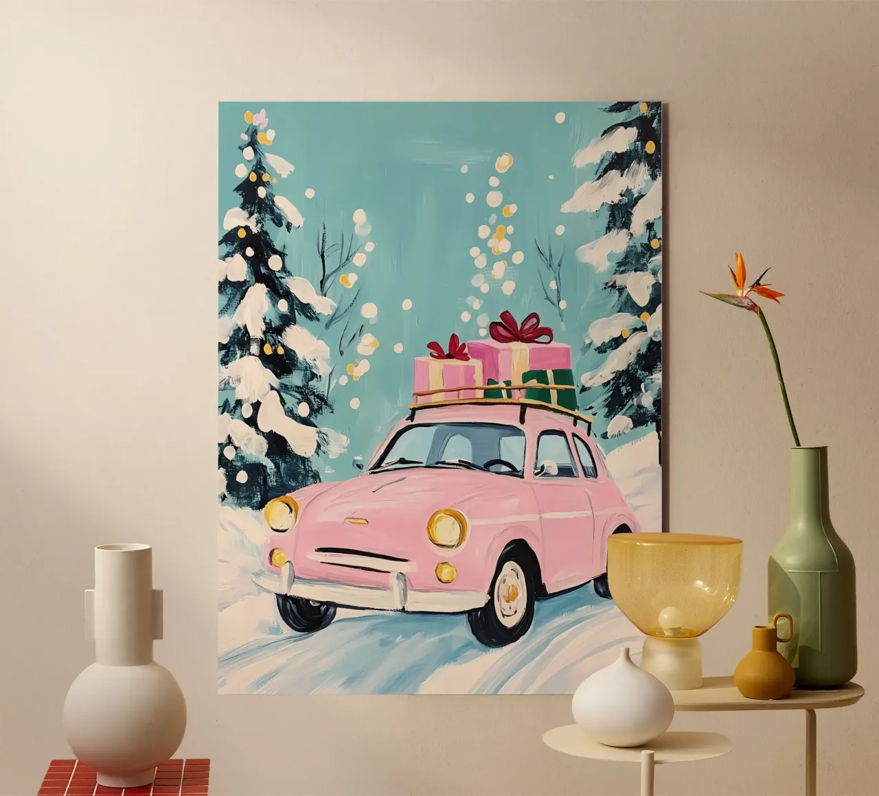 Auto di Natale rosa alluminio dibond da IamHomeStudio